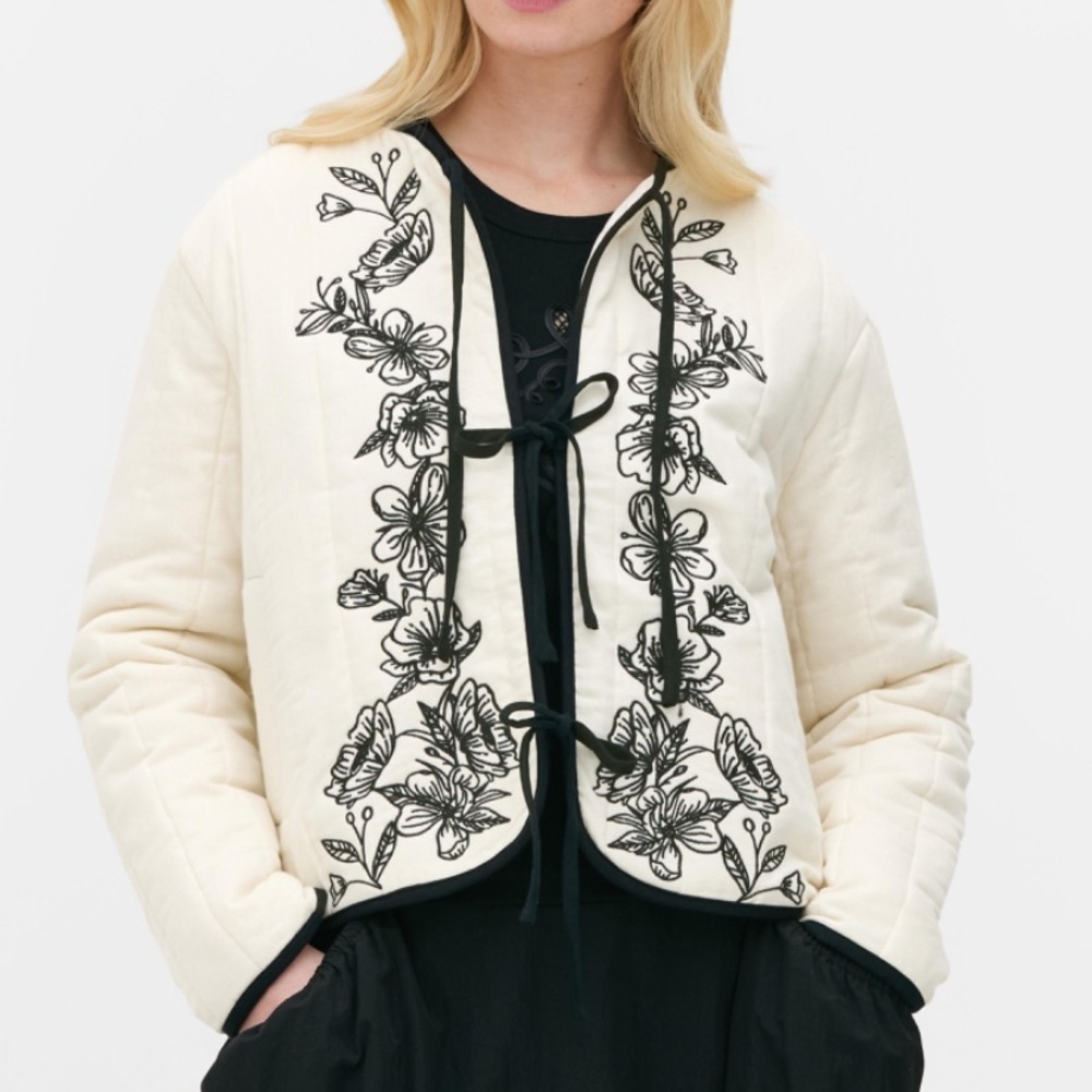 NWT! Primmark Embroidered Quilted Jacket with Front Tie Closure - Super Trendy